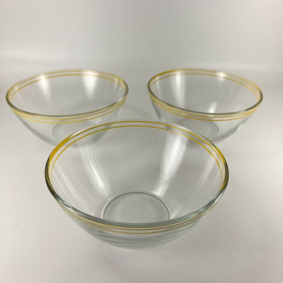 Vtg Arcoroc France Bowls Cereal Salad Soup Clear Glass Yellow Stripes Lot of 3 - Picture 3 of 11